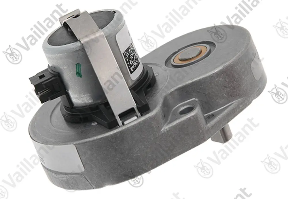 Vaillant-Motor für Bypass-Anwendungen, zeigt eine kompakte Bauform mit elektrischen Anschlüssen und einer rotierenden Komponente für die Regelung.